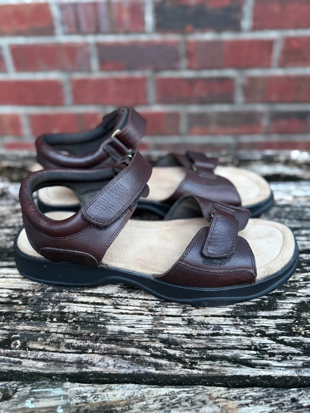 Lands' End Men's Sz 11 Comfort Adjustable Brown Leather Hook-&-Loop Sandals P2